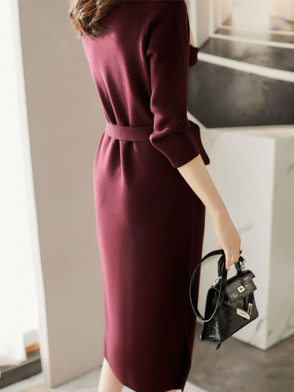 Burgundy Black Winter Knit Sweater Belt Midi Dress