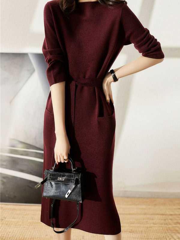 Burgundy Black Winter Knit Sweater Belt Midi Dress