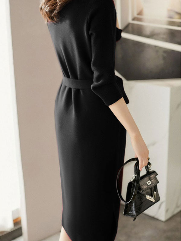 Burgundy Black Winter Knit Sweater Belt Midi Dress