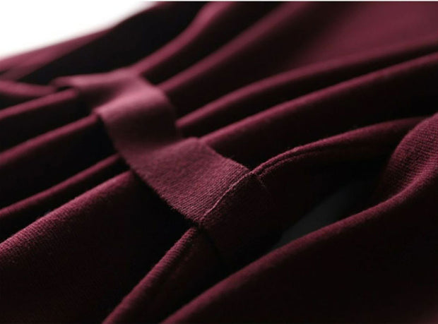 Burgundy Black Winter Knit Sweater Belt Midi Dress