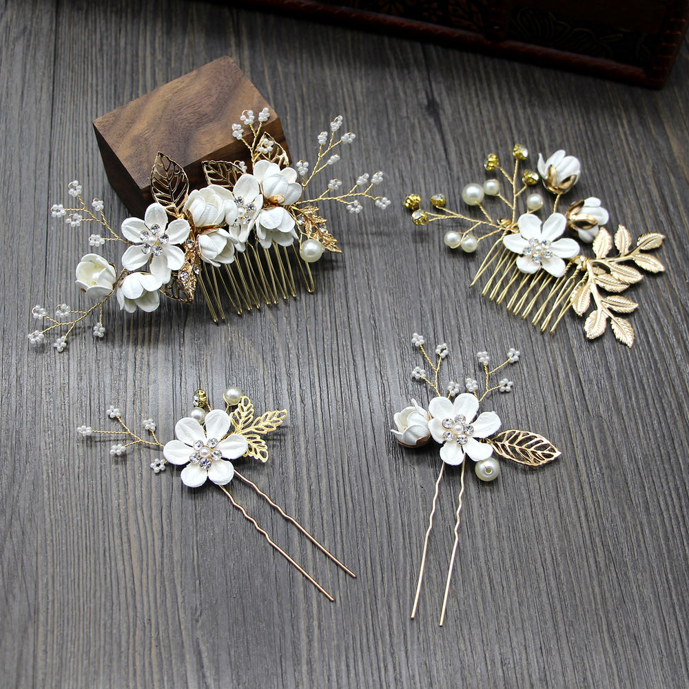 4 Pics Rhinestone Flower Bridesmaids Wedding Hair Combs Pins