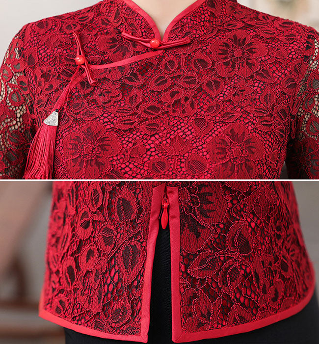 Red Green Lace Qipao / Cheongsam Blouse Top
