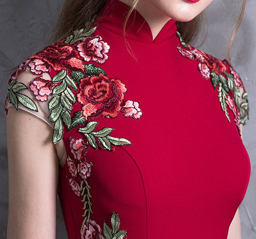 Red Embroidered Thigh Split Wedding Qipao / Cheongsam Dress