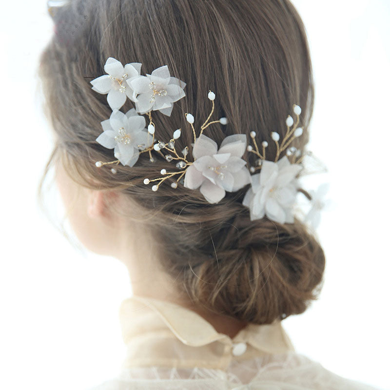 2 Pieces Rhinestone Chiffon Flower Bridal Wedding Hair Pins