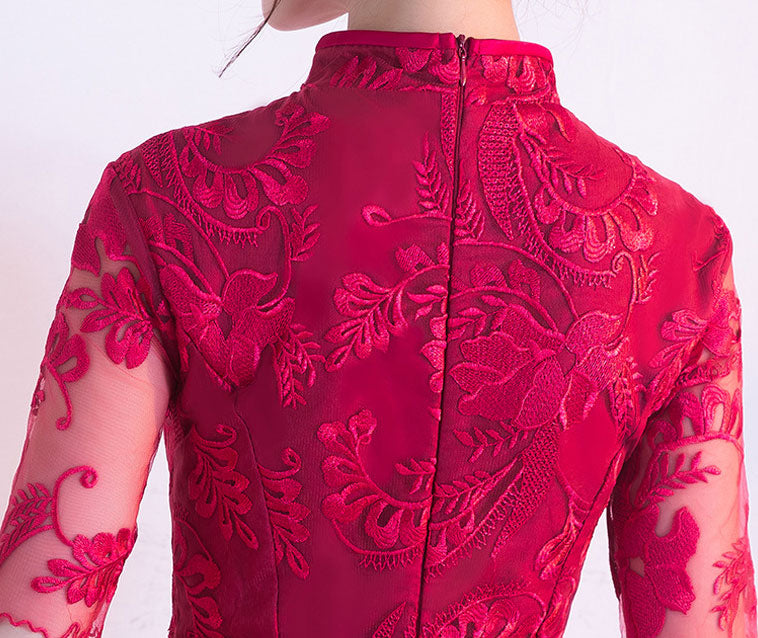 Red Lace Short A-Line Cheongsam Qi Pao Dress
