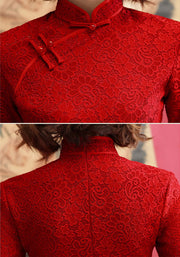 Dark Red Floral Lace Mid Wedding Qipao Cheongsam Dress