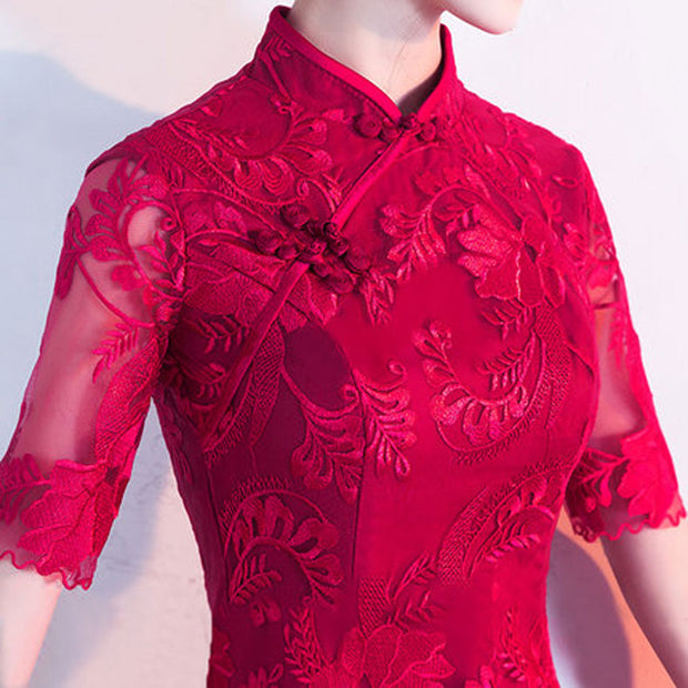Red Lace Short A-Line Cheongsam Qi Pao Dress