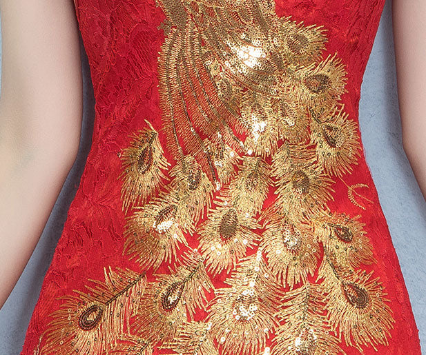 Red Lace Phoenix Short Wedding Cheongsam Qipao Dress