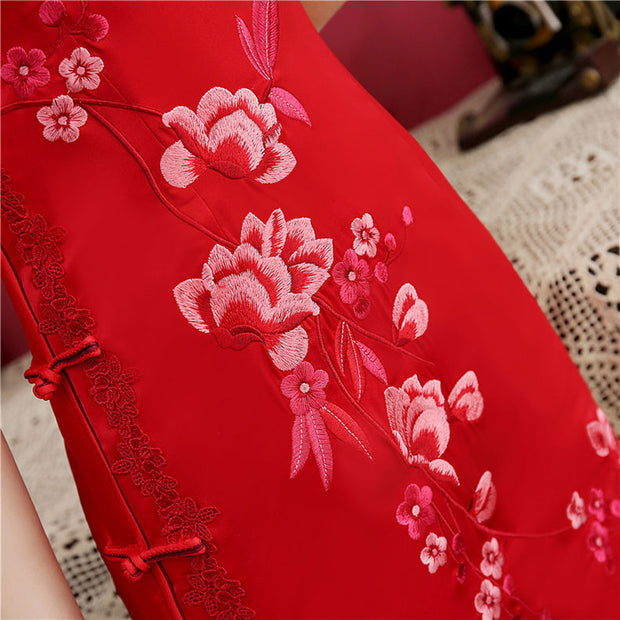 Red Embroidered Wedding Bridal Qi Pao Cheongsam Dress