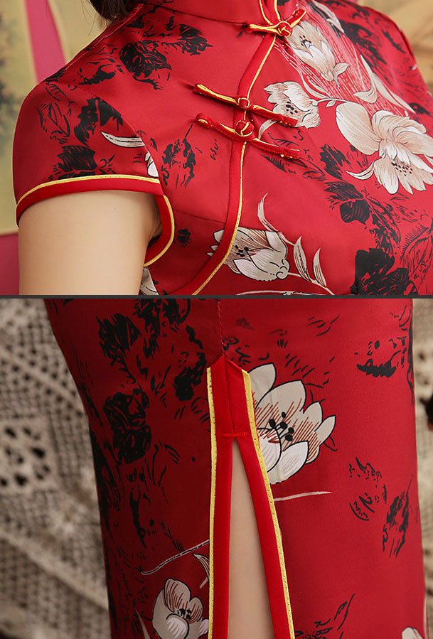 Black Red Floral Midi Cheongsam / Qipao Party Dress