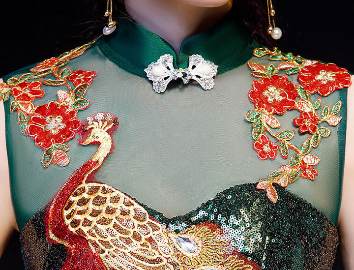 Green Sequined Phoenix Cheongsam Qipao Dress with Mermaid Train