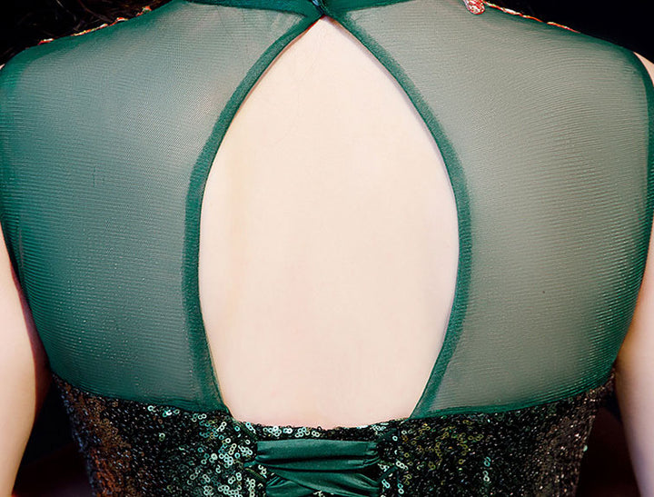 Green Sequined Phoenix Cheongsam Qipao Dress with Mermaid Train