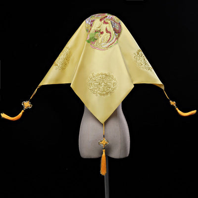 Yellow Embroidered Dragon Phoenix Chinese Wedding Bride Veil