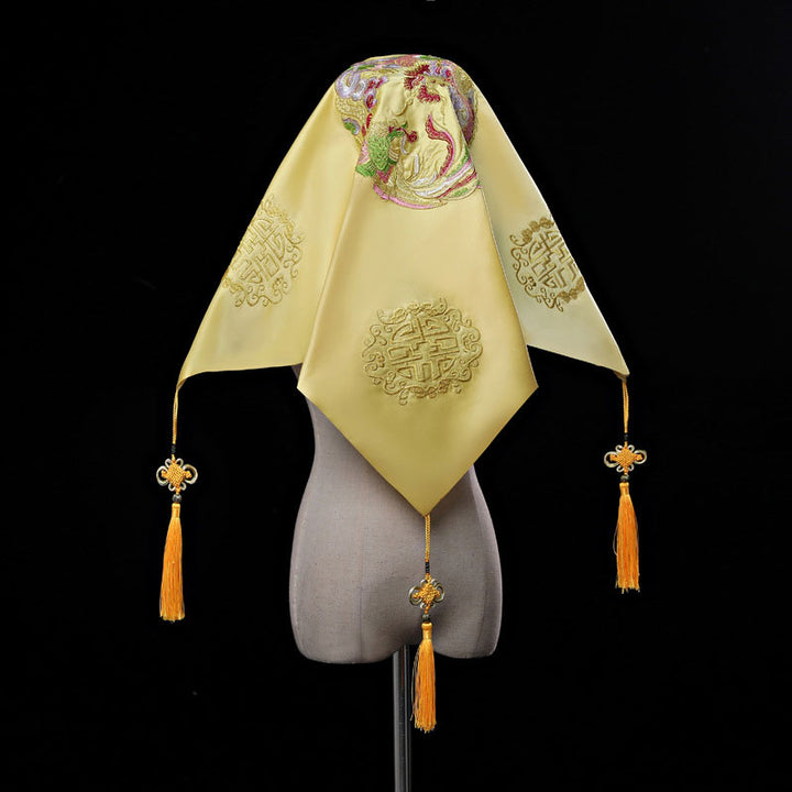 Yellow Embroidered Dragon Phoenix Chinese Wedding Bride Veil