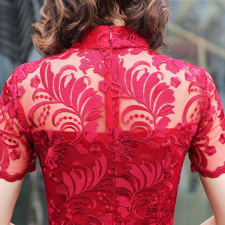 Red Lace Sheer Hem Qipao Cheongsam Wedding Dress