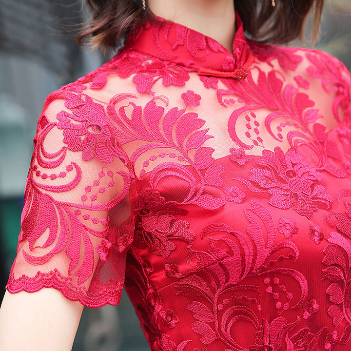 Red Lace Sheer Hem Qipao Cheongsam Wedding Dress