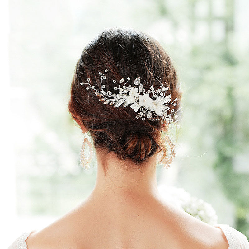Silver Rhinestone Crystal Flower Bride Wedding Hair Comb