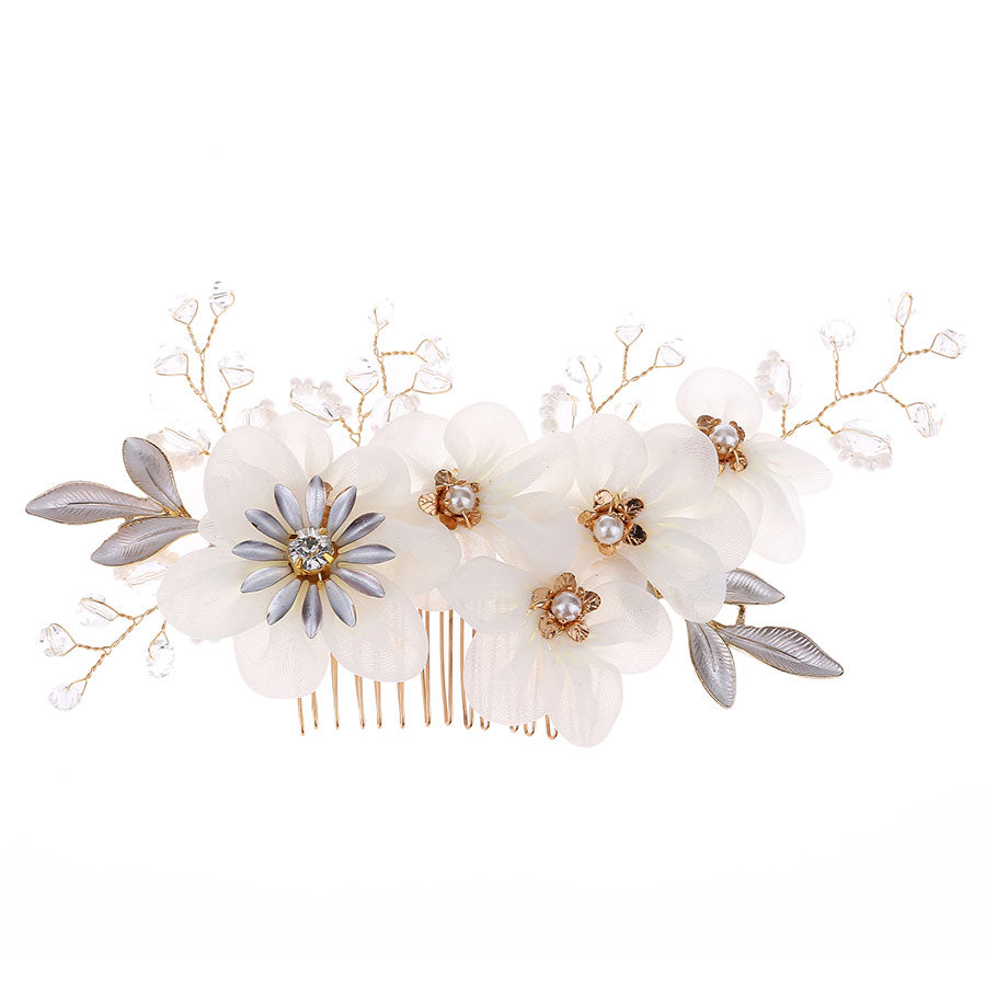 Fabrics Flower Rhinestone Wedding Bride Hair Comb Vine