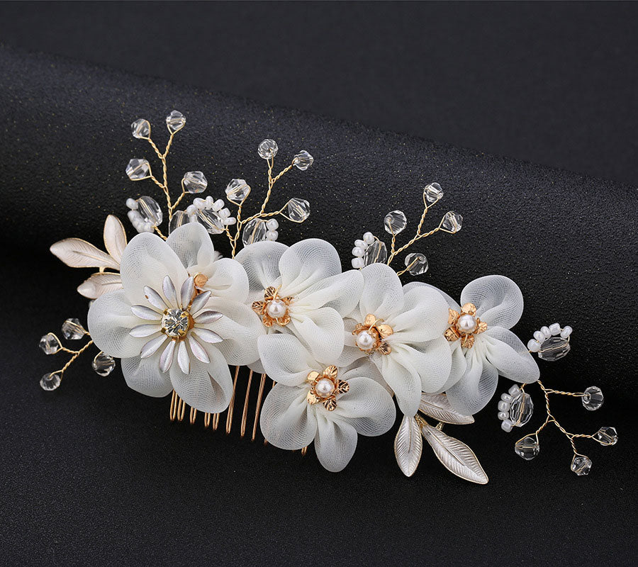 Fabrics Flower Rhinestone Wedding Bride Hair Comb Vine