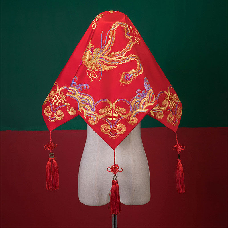 Red Embroidered Dragon Phoenix Chinese Wedding Bride Veil