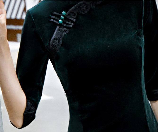 Green Red Velvet Half Sleeve Maxi Qipao / Cheongsam Dress