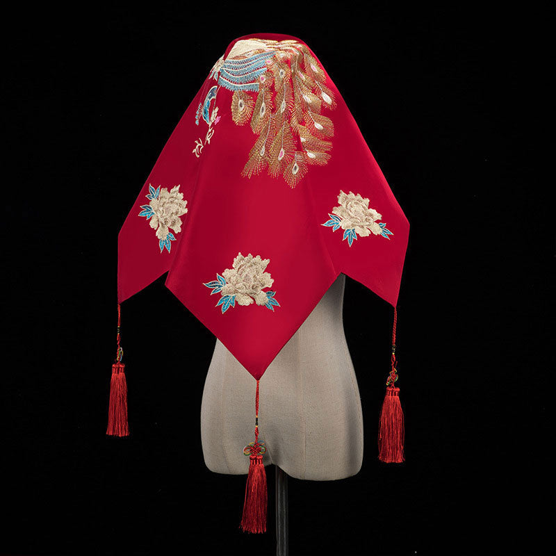Red Embroidered Peacock Chinese Wedding Bride Veil