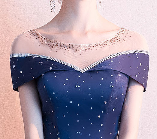 Blue Starry Tulle Prom Dress With Illusion Shoulder