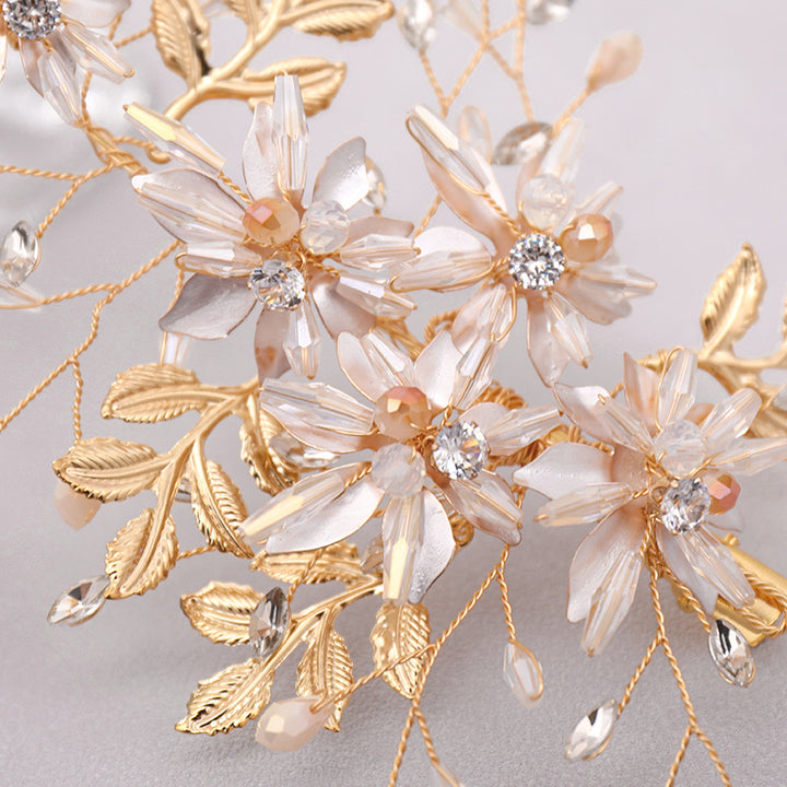Gold Crystal Flower Leaf Bride Wedding Hair Vine Clip 