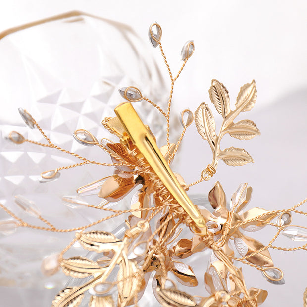 Gold Crystal Flower Leaf Bride Wedding Hair Vine Clip 