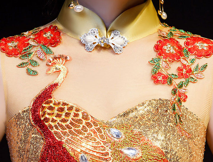Gold Sequined Brush Train Phoenix Qi Pao Cheongsam Prom Dress