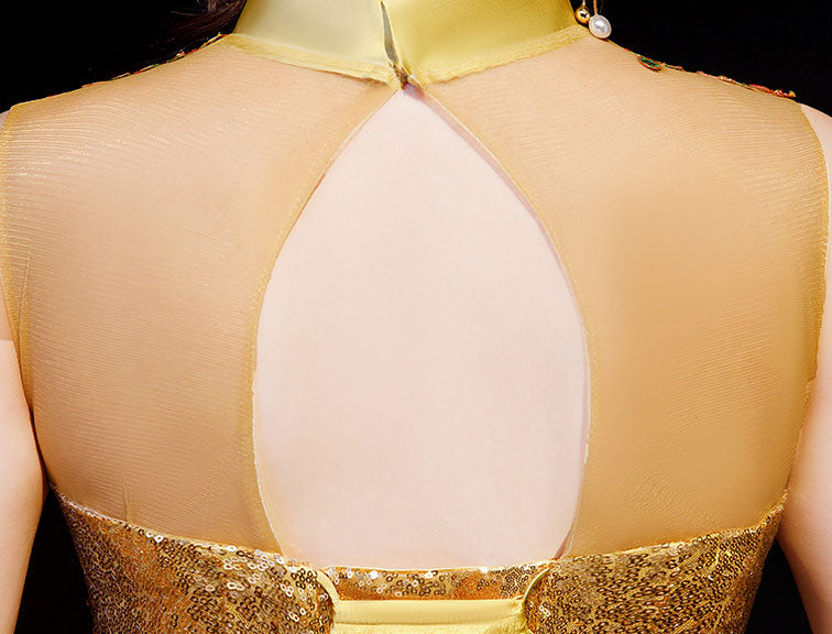 Gold Sequined Brush Train Phoenix Qi Pao Cheongsam Prom Dress