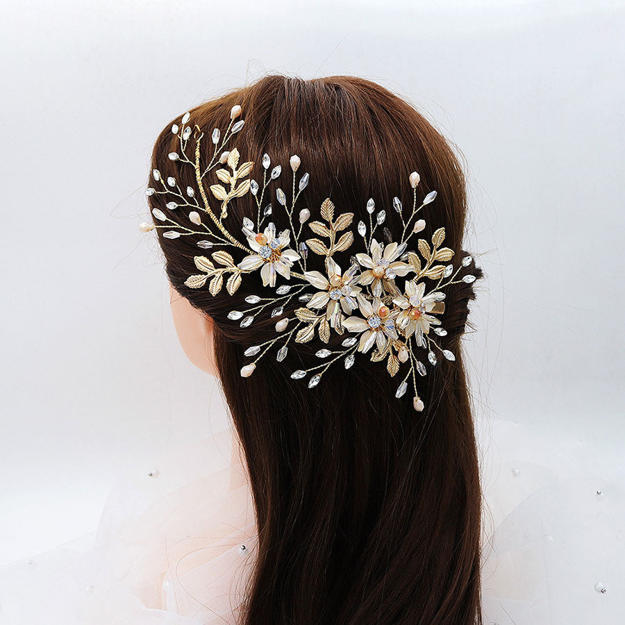 Gold Crystal Flower Leaf Bride Wedding Hair Vine Clip 