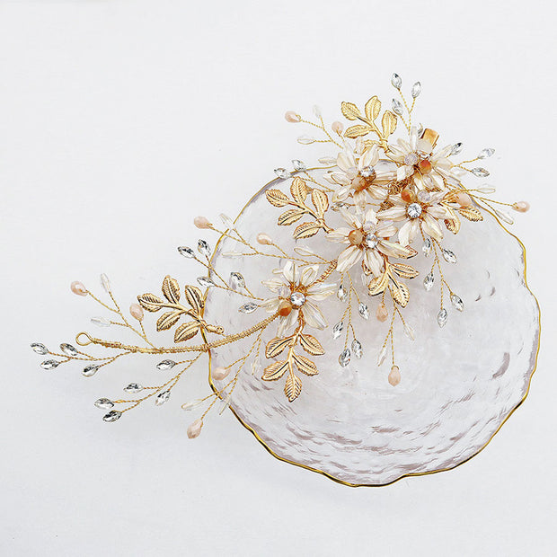 Gold Crystal Flower Leaf Bride Wedding Hair Vine Clip