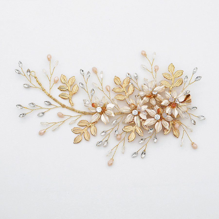 Gold Crystal Flower Leaf Bride Wedding Hair Vine Clip