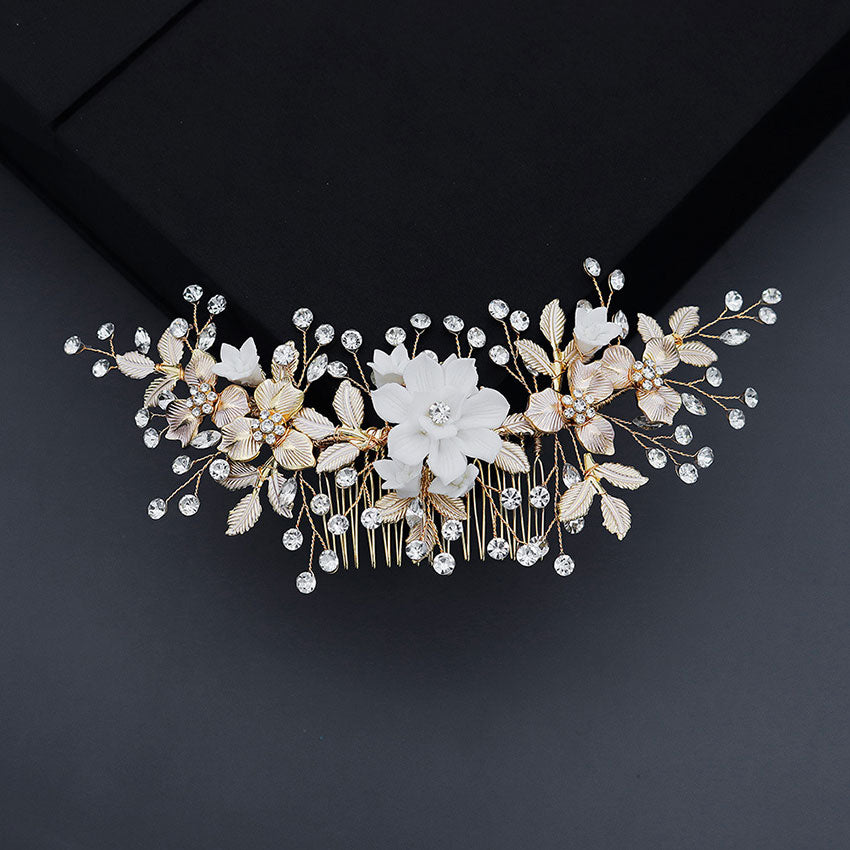 Rhinestone Leaf Ceramic Flower Bridal Wedding Hair Comb