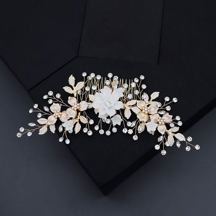 Rhinestone Leaf Ceramic Flower Bridal Wedding Hair Comb