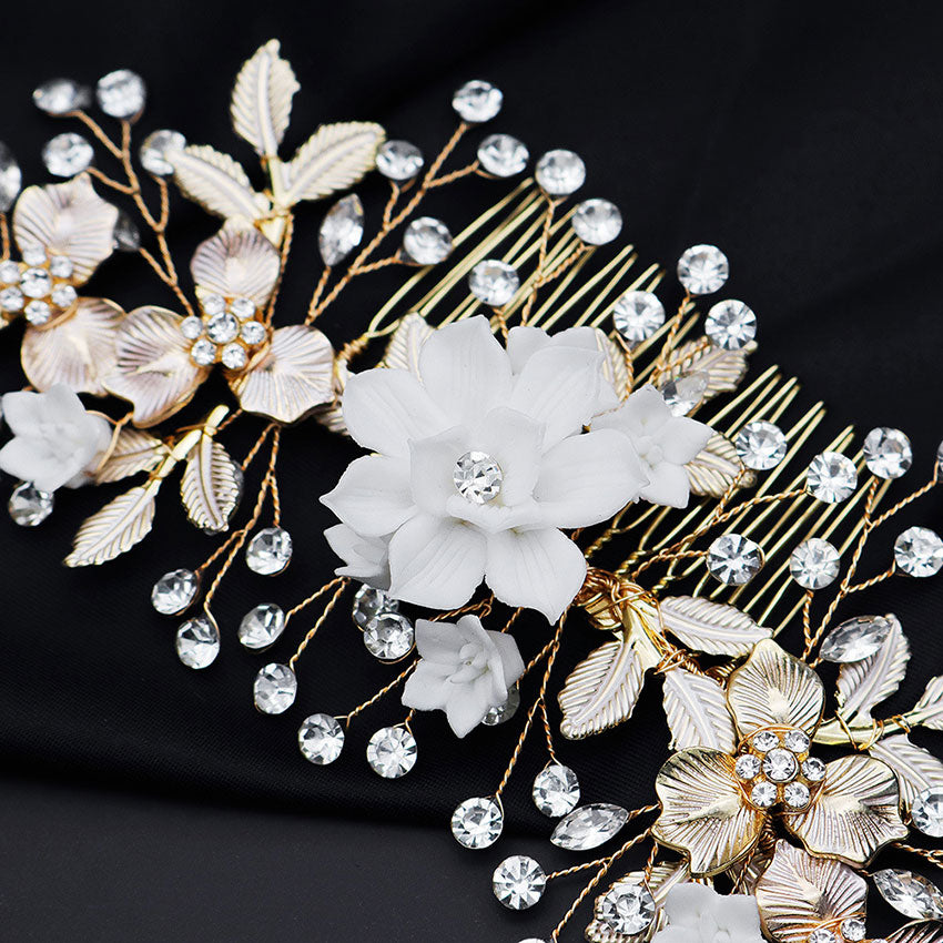 Rhinestone Leaf Ceramic Flower Bridal Wedding Hair Comb