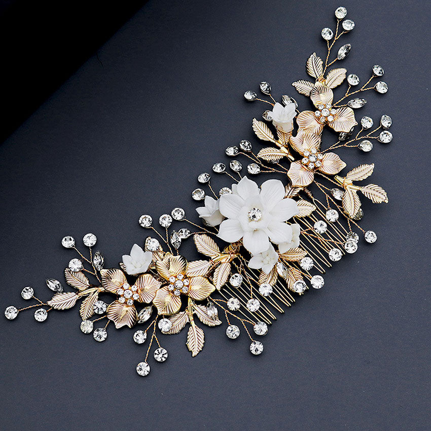 Rhinestone Leaf Ceramic Flower Bridal Wedding Hair Comb