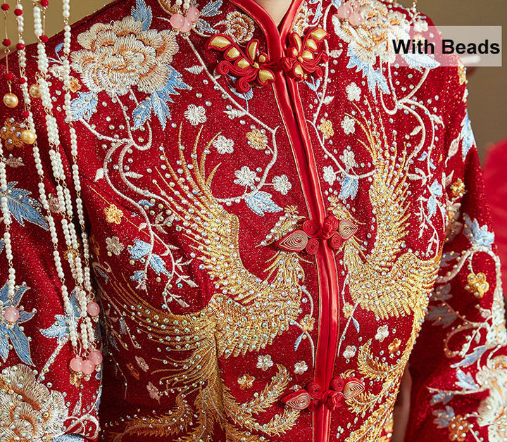 Red Shimmering Embroidered Phoenix Wedding Qun Gua