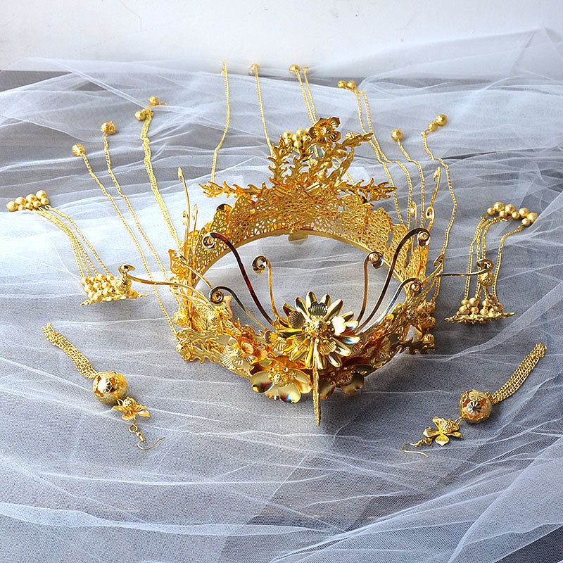 Gold Tone Wedding Bride Hair Tassels Crown & Earring