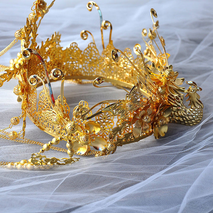 Gold Tone Wedding Bride Hair Tassels Crown & Earring
