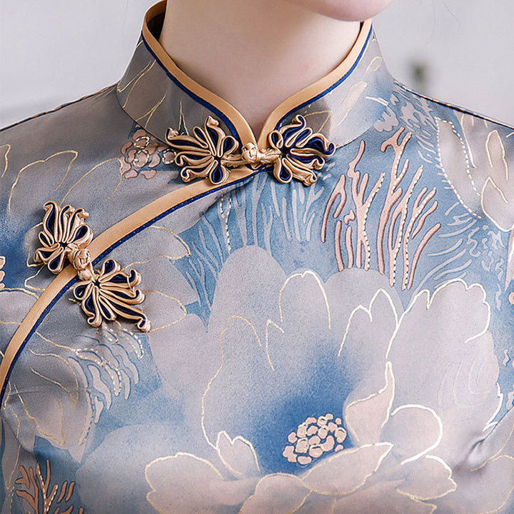 Blue Bronzing Floral Maxi Cheongsam Qi Pao Dress