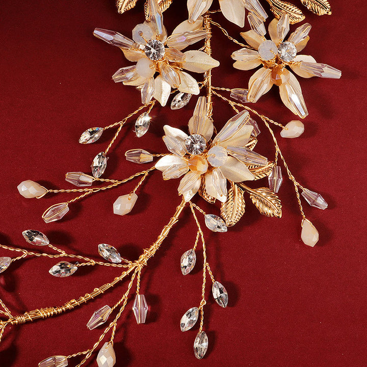Gold Crystal Flower Leaf Bride Wedding Hair Vine Pin