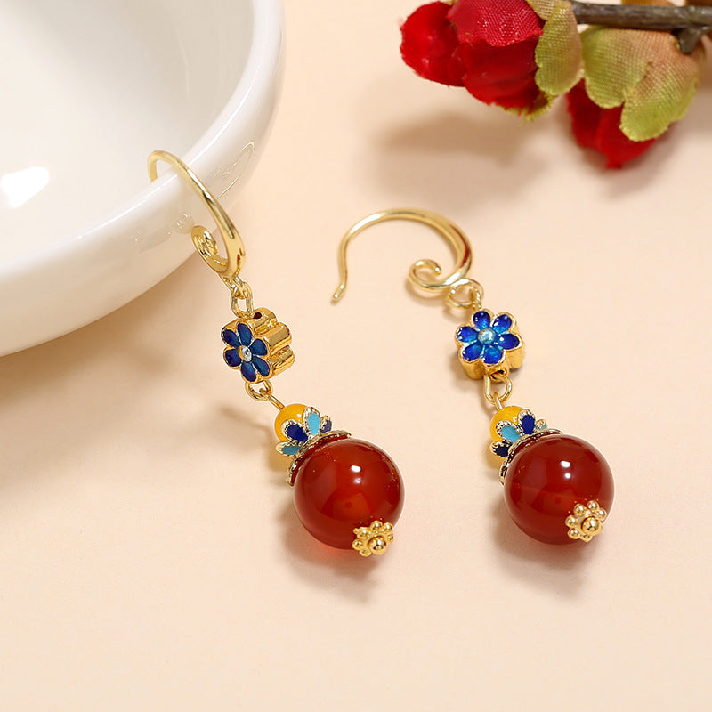 Red Agate Cloisonne Drop Dangle Earrings