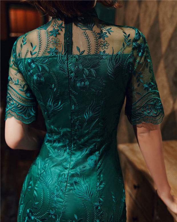 Green Illusion Lace Modern Midi Cheongsam Qi Pao Dress