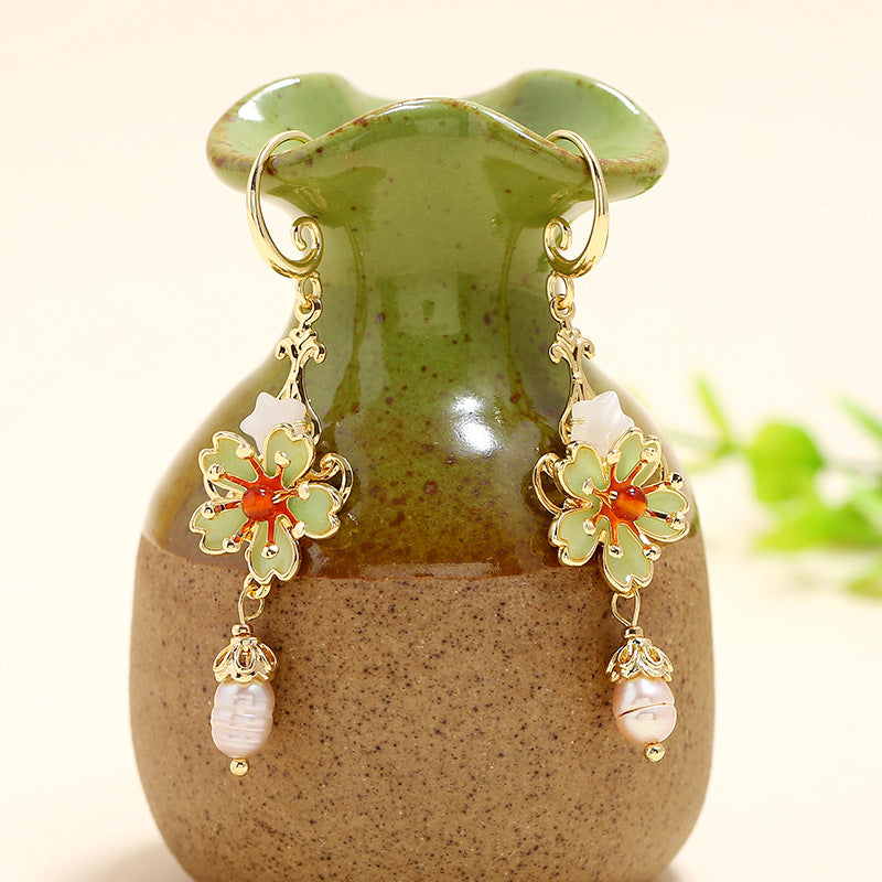 Cloisonne Pearl Drop Dangle Earrings