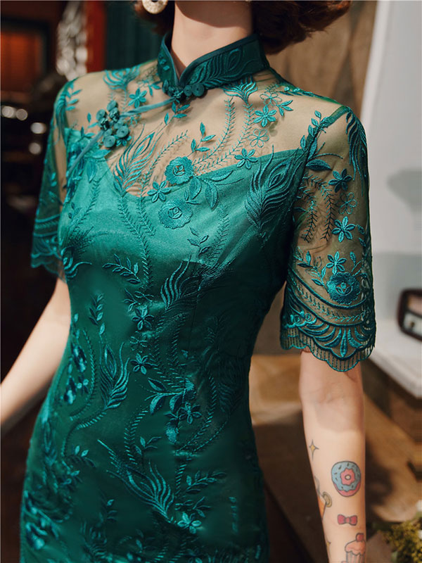 Green Illusion Lace Modern Midi Cheongsam Qi Pao Dress