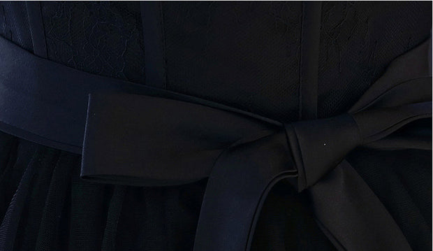 Black Belt Tiered Tulle Tea-Length Slip Party Dress