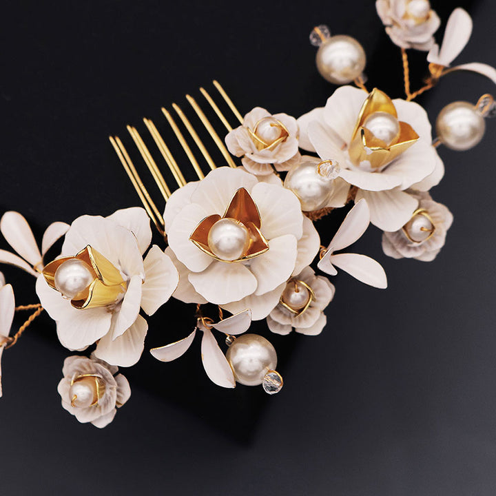 Bronze Pearls Flower Bride Wedding Hair Vine Comb