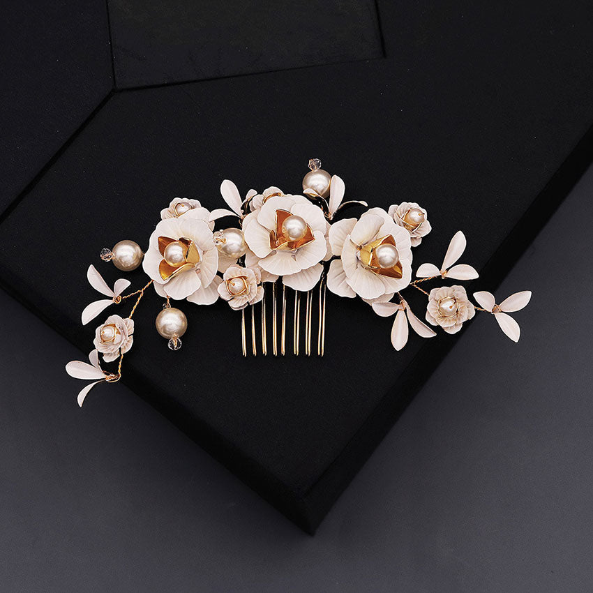 Bronze Pearls Flower Bride Wedding Hair Vine Comb